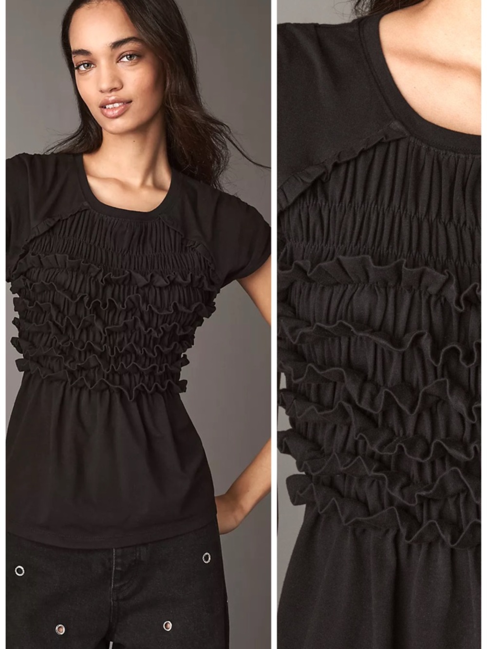 Anthropologie Maeve Smocked Sleeveless Ruffle Top Blouse in Black Size MP MWT